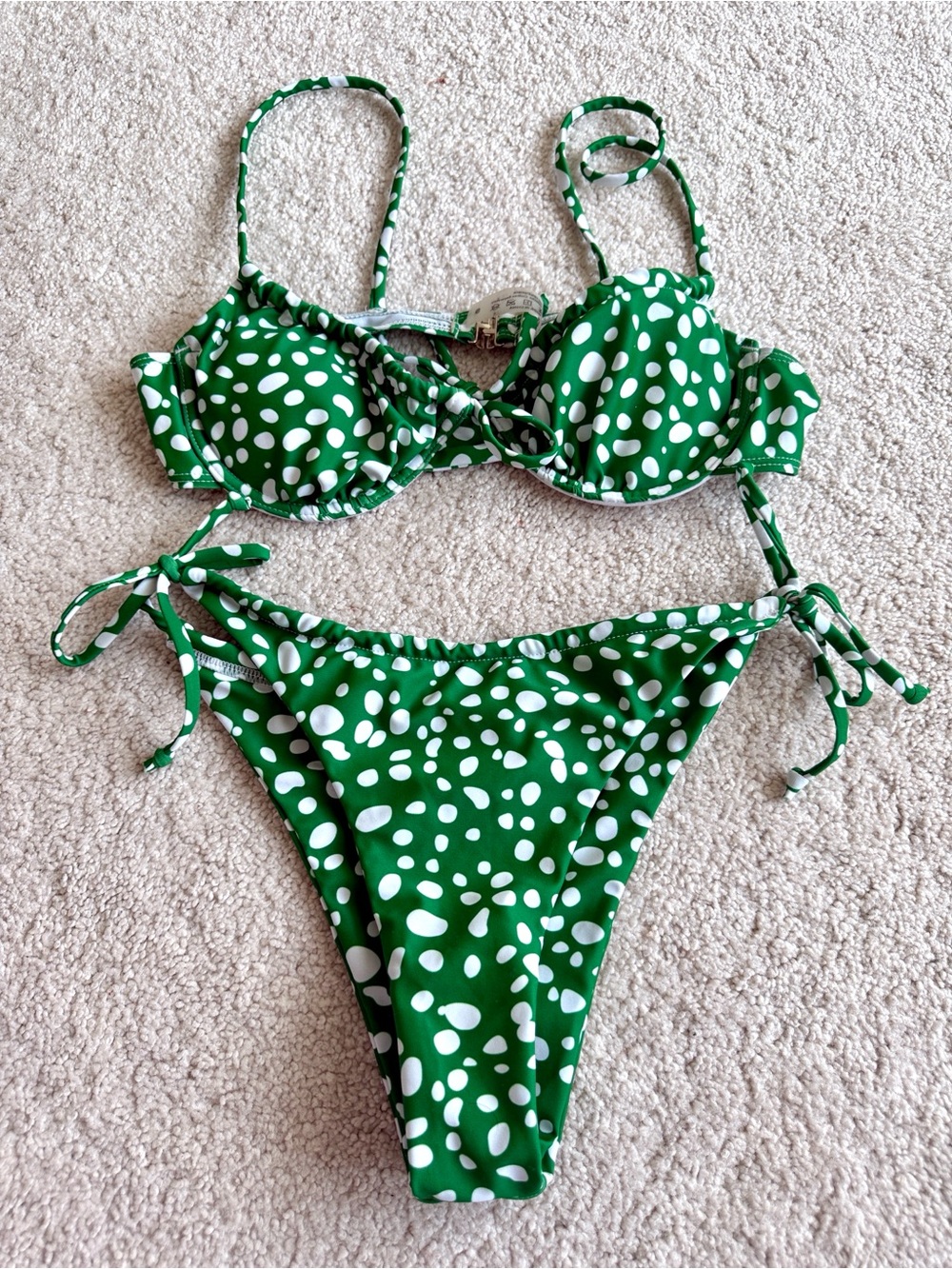 Green & White Polka Dot Tie-Side Bikini - Brand New